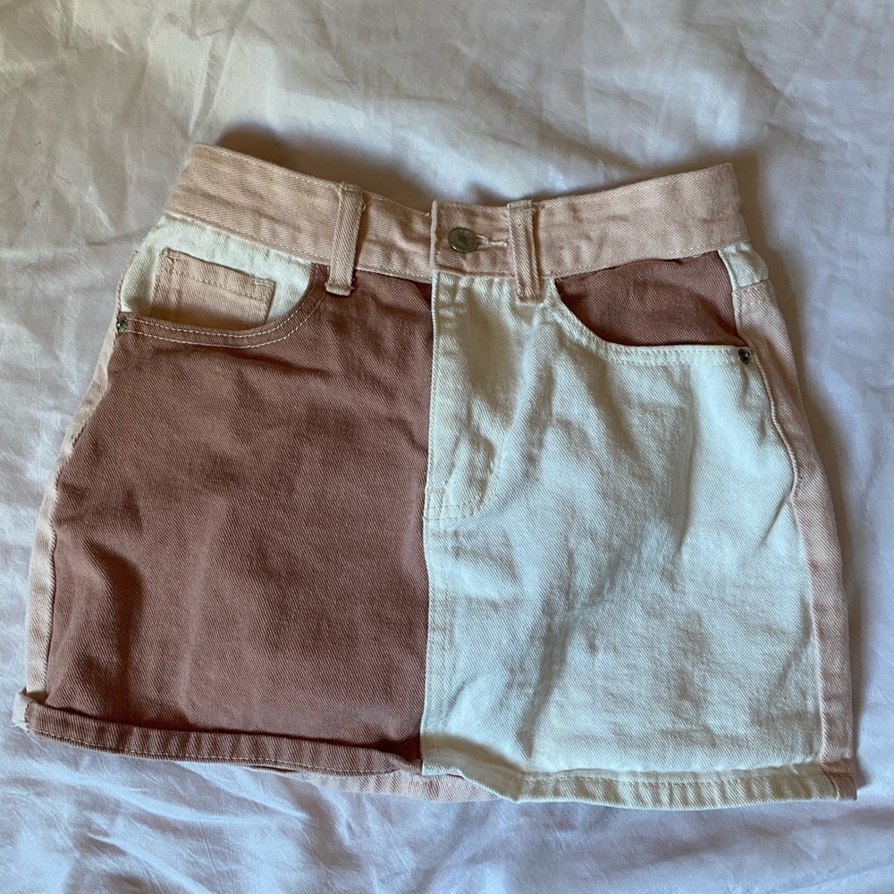 Pink & White Color block Mini Denim Skirt